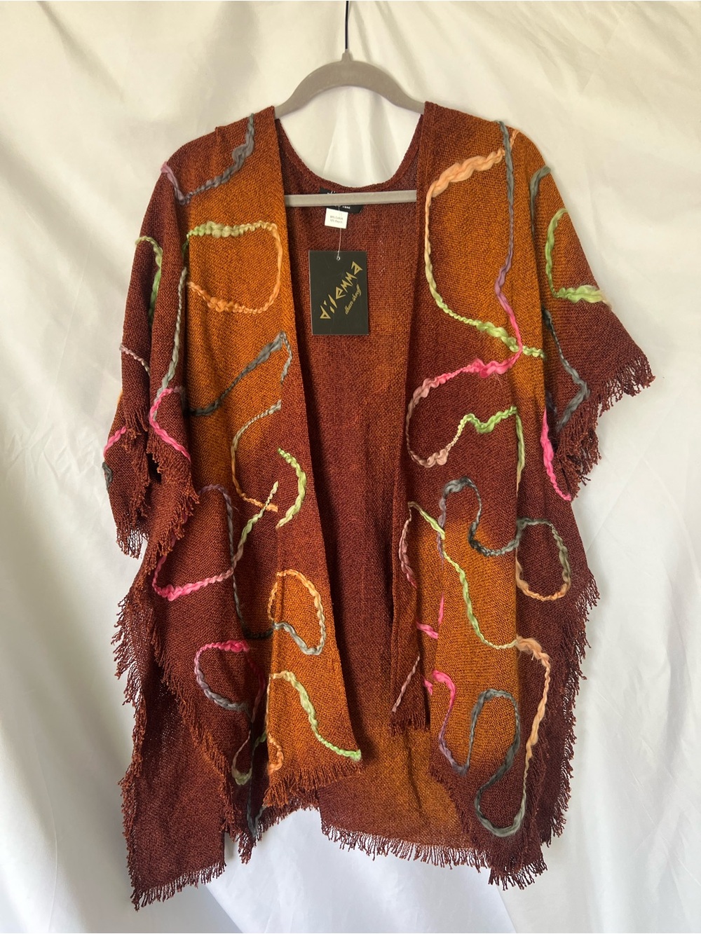 NWT Womens DILEMMA Artistic Boho Wool Detail* Fringe Shawl Kimono